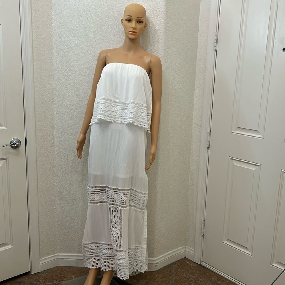 Colleen Lopez Dress Sz Large Strapless White Crotchet Maxi Summer Resort Lined
